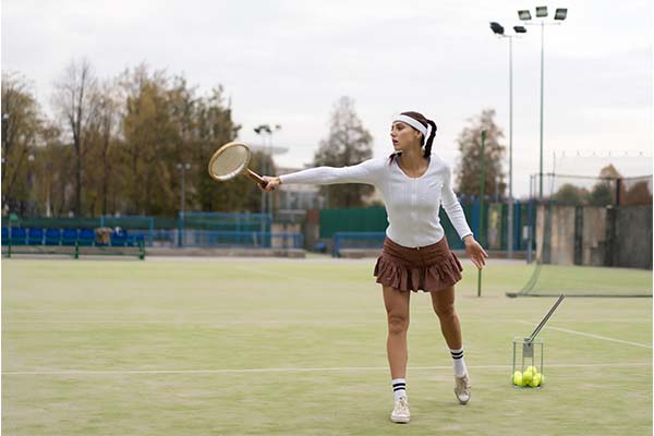 beautiful woman playing tennis outdoor wearing skorts