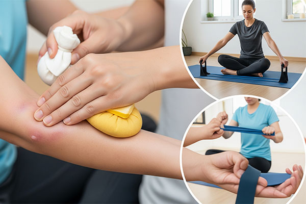 Various recovery tools like a foam roller and massage gun, emphasizing muscle repair.