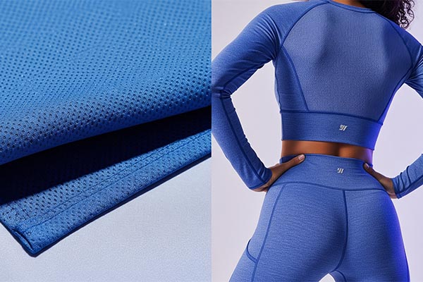 blue textured athletic fabric and a back view of a woman wearing a matching blue activewear set under studio lighting