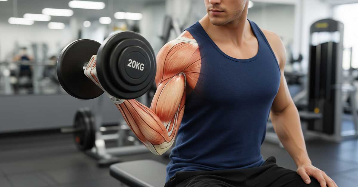 Man performing a bicep curl with a 20kg dumbbell in a gym, highlighting arm muscle anatomy to emphasize strength training and muscle recovery