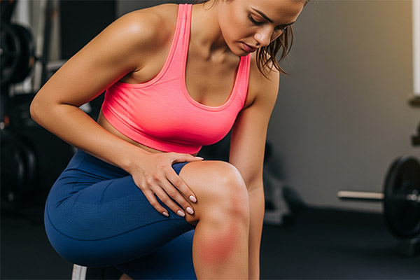 Woman in activewear experiencing knee discomfort after a workout, suggesting the importance of muscle recovery and injury prevention post-exercise.