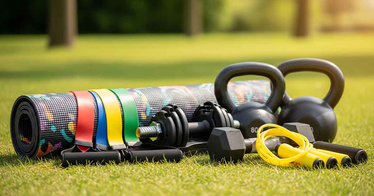 Woman performing resistance band exercises outdoors in a park, surrounded by outdoor fitness essentials like kettlebells, dumbbells, yoga mat, foam roller, and jump rope under a tree.