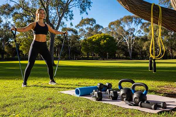 Close-up of outdoor fitness essentials on grass including colorful resistance bands, yoga mat, dumbbells, kettlebells, and yellow jump rope, ideal for open-air workouts.