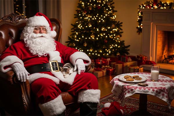 Santa Claus sitting comfortably in a chair by the fireplace with milk and cookies on the table, surrounded by Christmas gifts